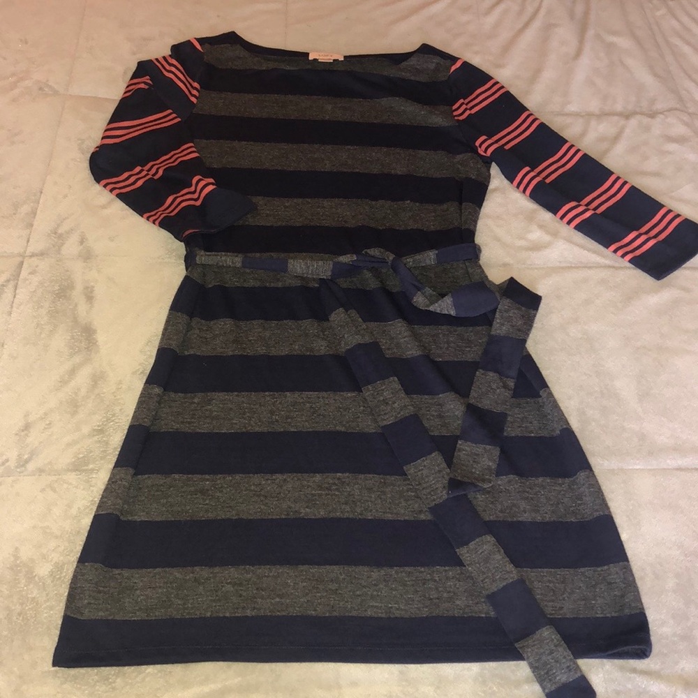Loft Knit Striped Navy and Gray Belted Women’s Dress